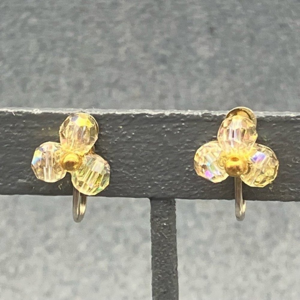 Clip On Earrings Triangle Clover Clear Faceted Rhinestones Silver Gold Bling
